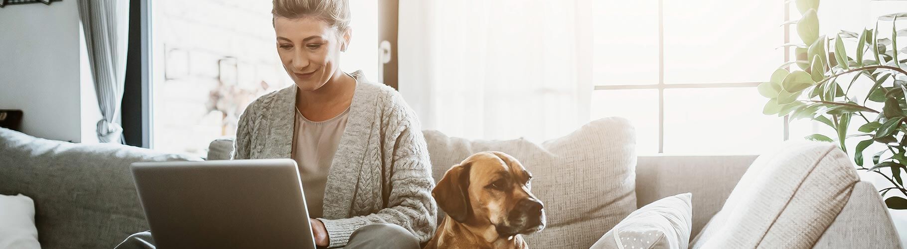 Frau mit Hund am Arbeiten